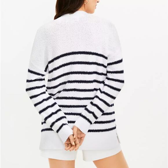 New LOFT S White Navy Blue Striped V Neck Pocket Long Cardigan Sweater Cotton - Picture 12 of 12